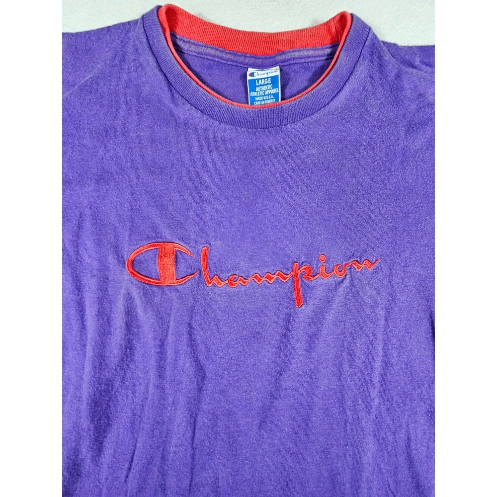 Vintage Champion T Shirt Mens Large Purple Red Script Logo Made in USA 90s